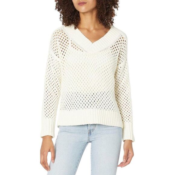 Club Monaco Light Cream Crochet Style Jumper V Neck Sweater Long Sleeve Womens L - Picture 1 of 11